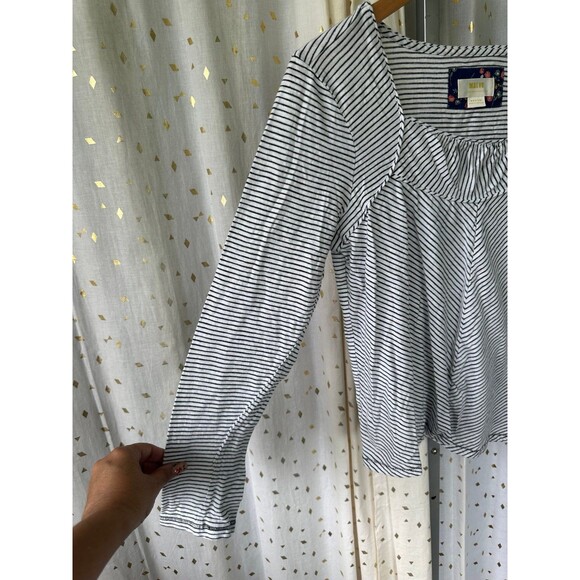 Anthropologie MaEve Kenley Mini Pleats Neckline Stripe Long Sleeve Top M - Picture 6 of 10